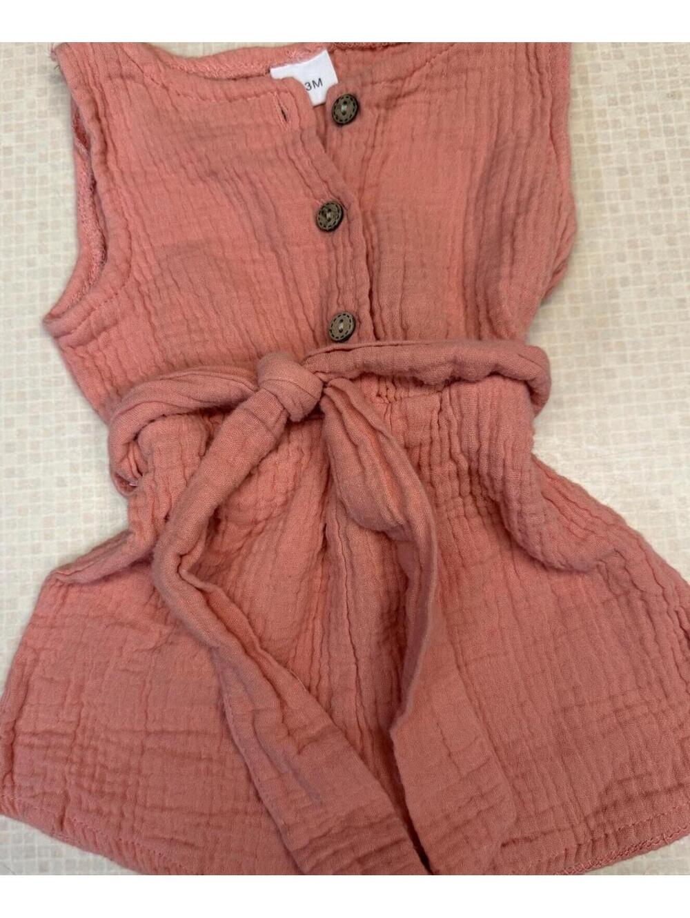 Baby Girl Muslin Romper 0-3 Months Pink Tie Waist Bubble Romper